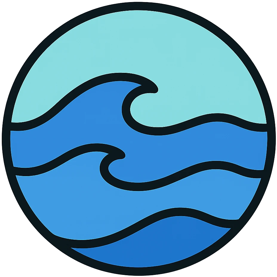 Update the ocean icon so that the sky matches the same style, color, and elements as the sky in the sea icon. Keep the rest of the ocean icon unchanged. Maintain circular shape, medium black border, no frame, white background, color outline style. emoji