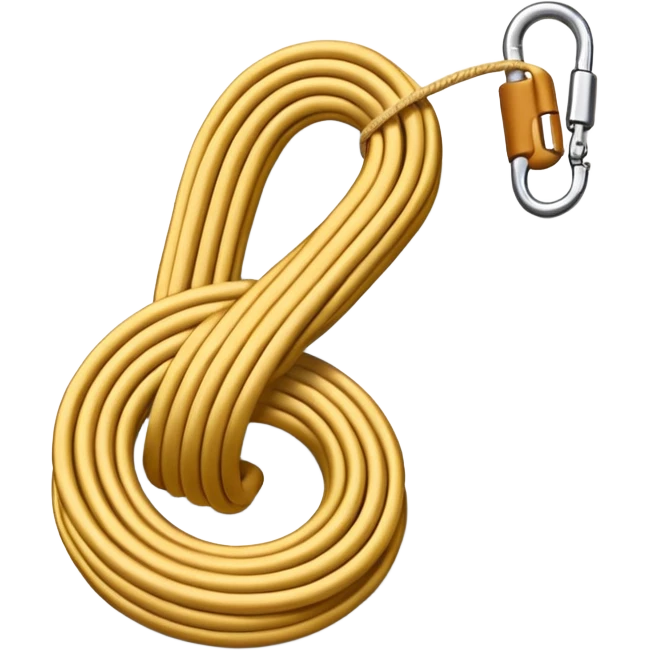 A 3D cartoon coiled climbing rope with a carabiner, golden color, resting on a rocky surface, realistic soft shadows, Memoji-style rendering. emoji
