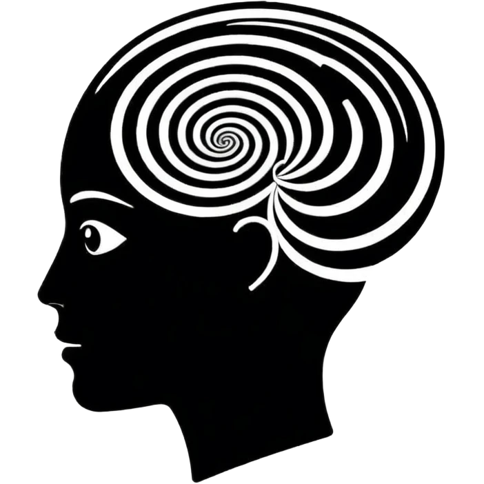 Minimalistic flat vector icon, iOS style, thin black contour on white background. Human head silhouette with spiral inside. Clean, no text, no shadows.
 emoji