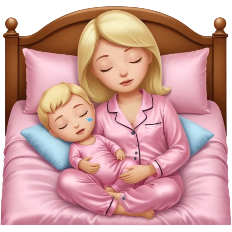 Mulher dormindo de pijama na sua cama de cetim rosa bebê emoji