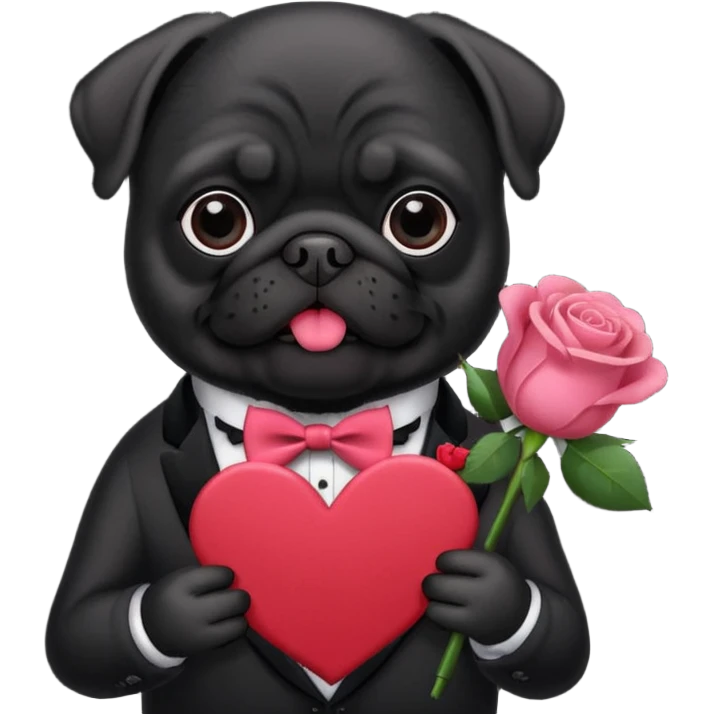 black pug holding valentine’s day card and flowers emoji