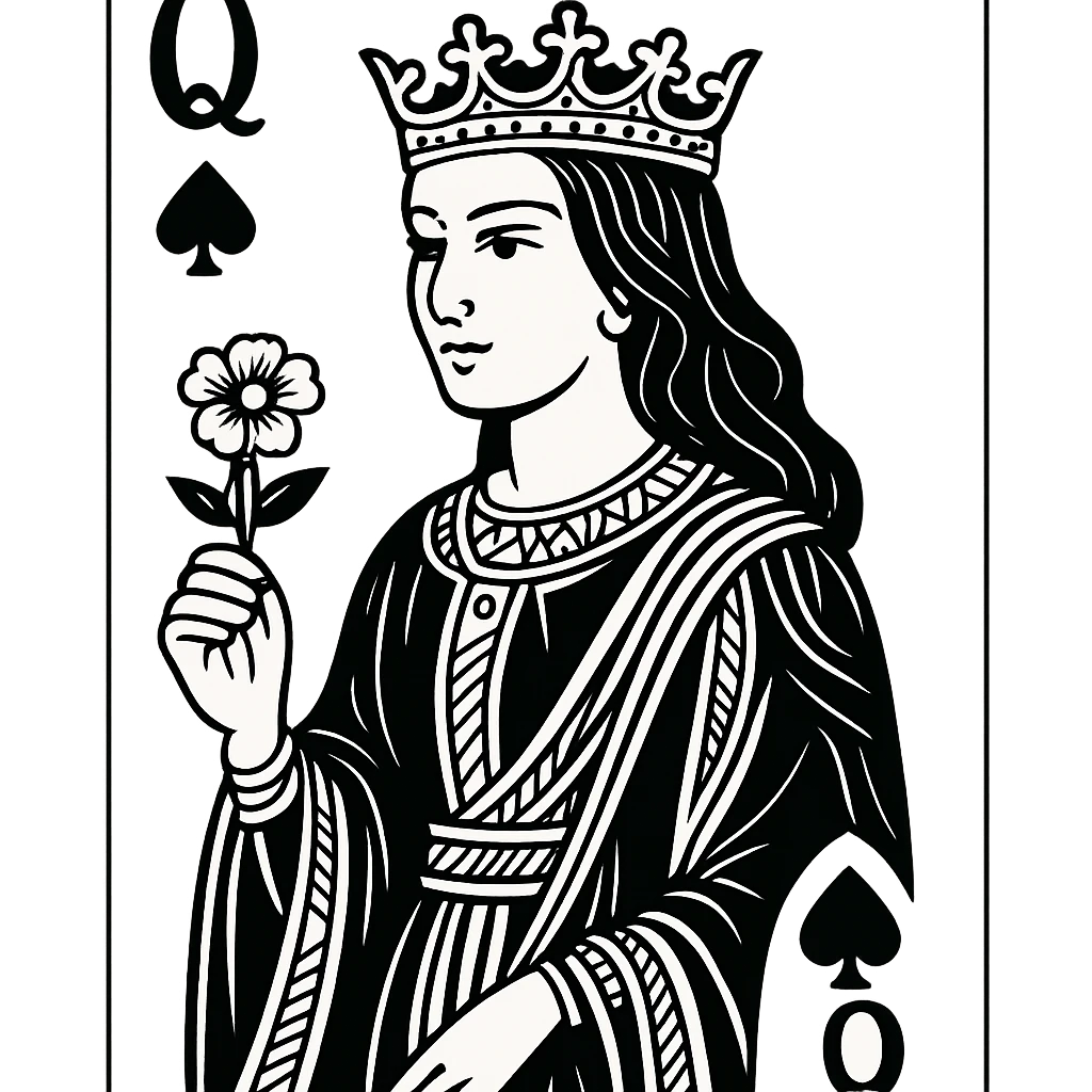 An elegant queen playing card character with detailed crown and flowing robes, holding a flower in her hand emoji
