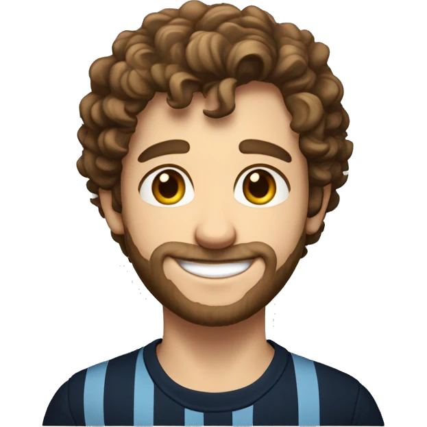 young man with short, curly brown hair and a trimmed beard. He has blue eyes and a fair complexion. He is smiling softly and is wearing a dark shirt with the logo of "Stripe" on it emoji