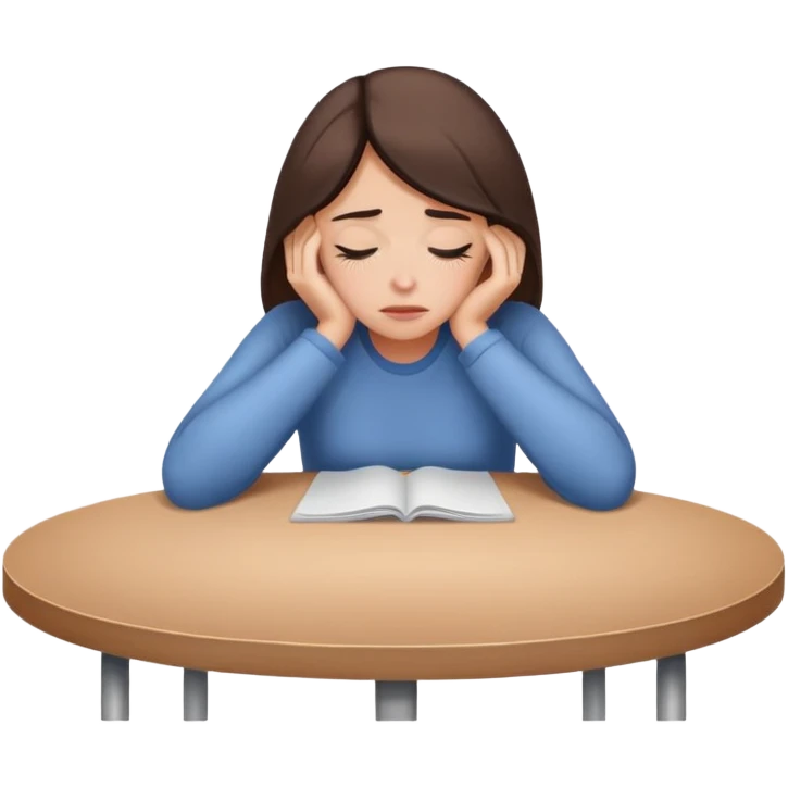 woman exhausted sit at a table with the head resting on the table emoji