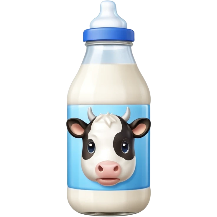 A 3D cartoon glass bottle of cow’s milk — white liquid, blue cap, clear reflections, Memoji-style rendering. emoji