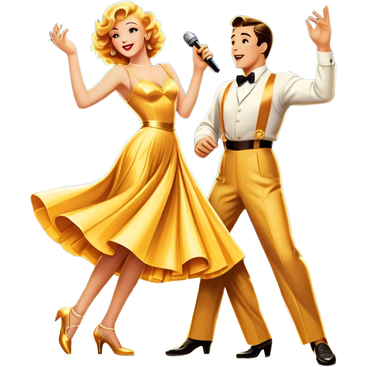 Vintage movie poster-style icon for a musical film. The cityscape glows in the background, evoking the golden era of musicals. A vibrant street scene with bright lights, dancers mid-step, a singer with a microphone among the skyscrapers. Transparent background. emoji