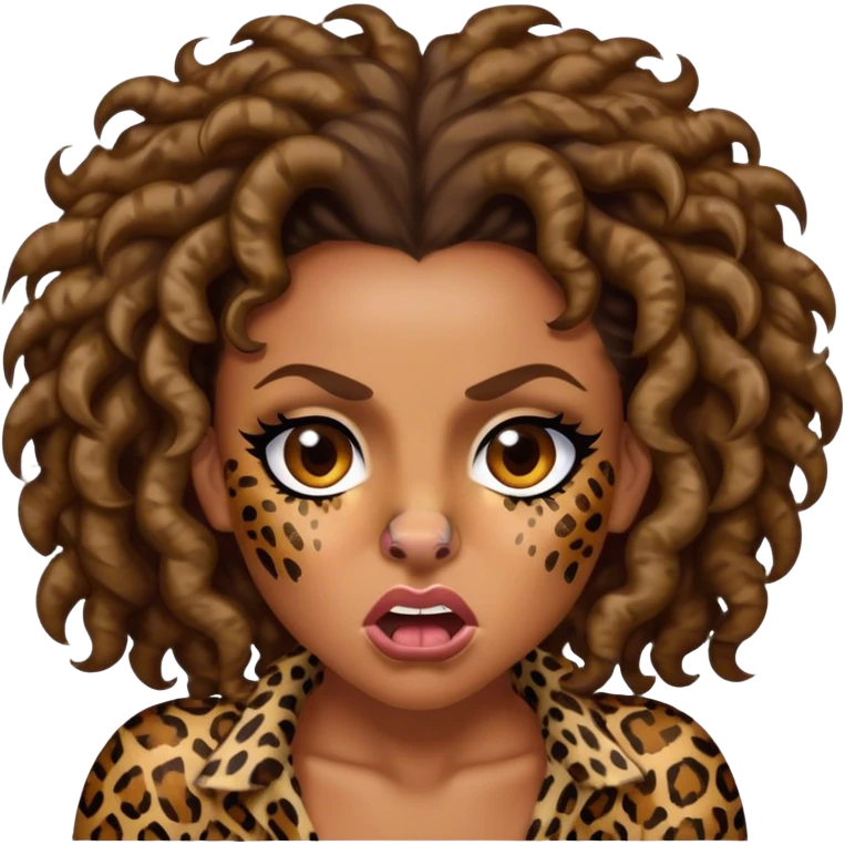Melanie Brown with brown curls wearing leopard print and snarling with a scrunched nose emoji