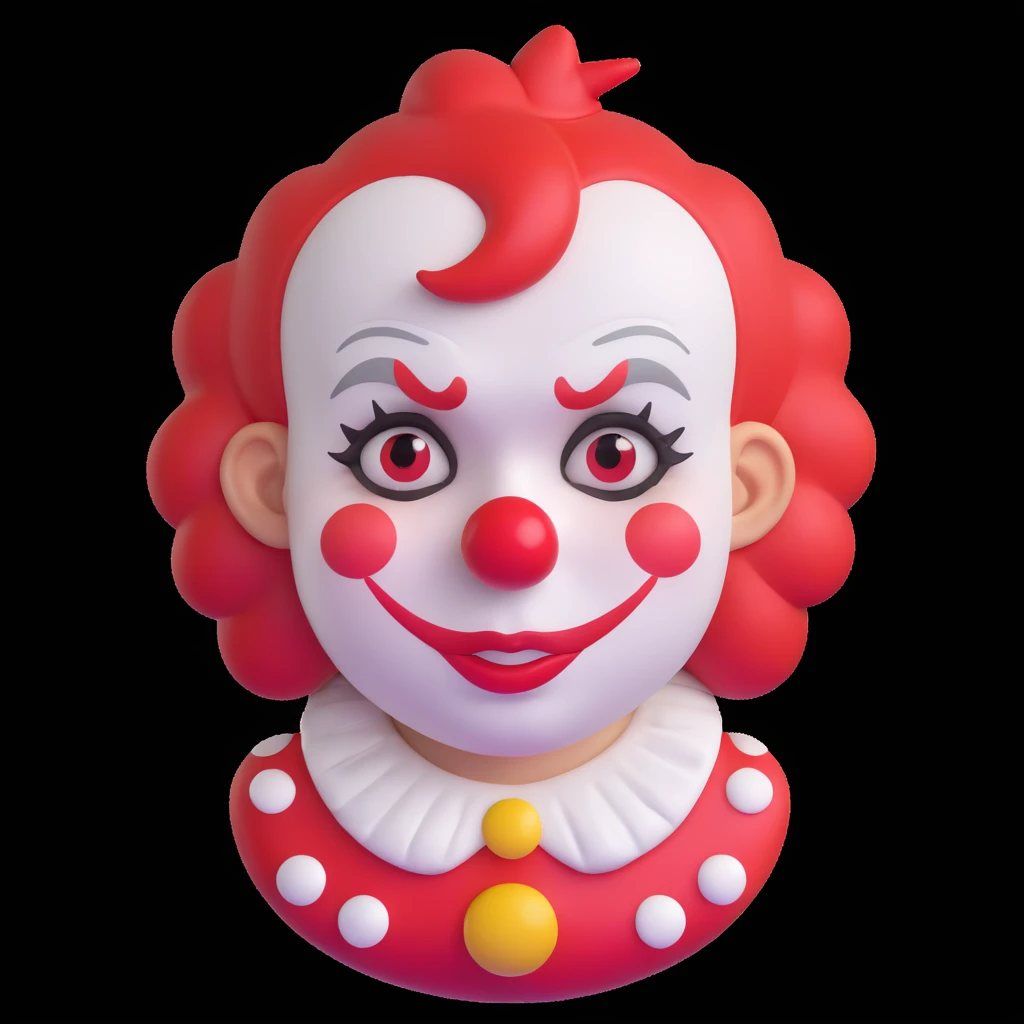 passport photo style cartoon of a sad clown, white face paint, red nose, classic makeup with frown and drooping eyebrows, multiple tears, short tufted faded red hair, polka-dotted costume in muted tones, glossy 3D emoji look, centered, white background emoji
