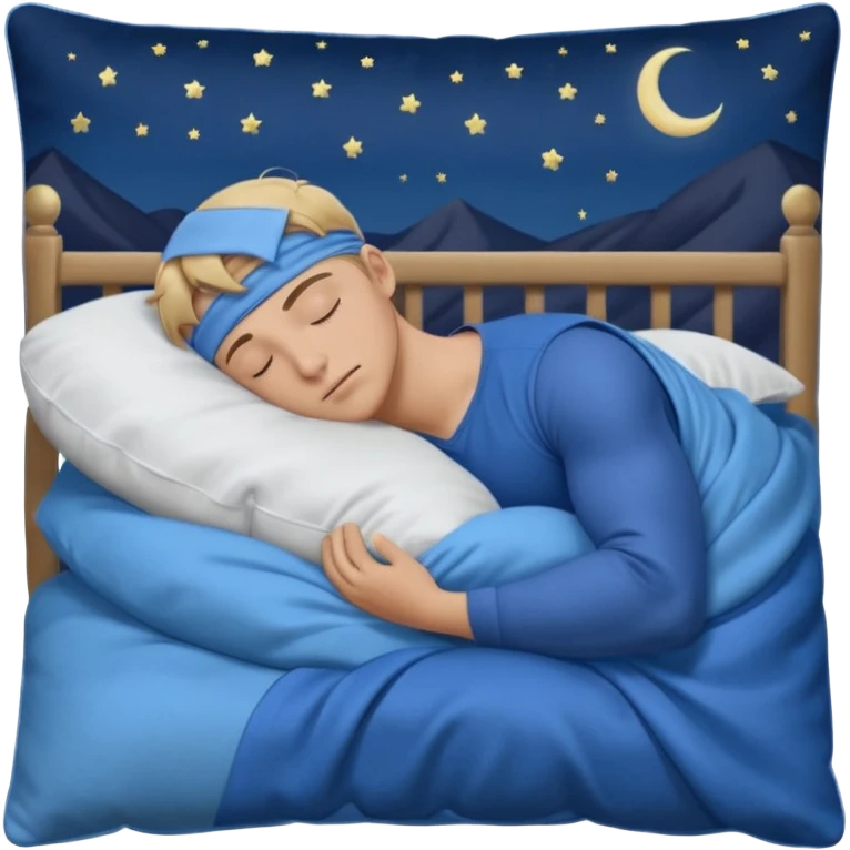 A young muscular male with short dark-blonde hair and medium-light skin, wearing blue cloth. He sleeps on his side, holding a soft white pillow, his head on a smooth blue pillow. A sleeping symbol floats above him in the dark, nighttime scene. A flowing blue blanket with silky folds covers him. emoji