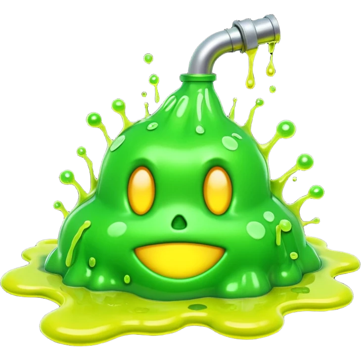 3D render of Green Ooze Puddle, toxic waste aesthetic, neon green bubbling liquid, caution yellow metal, industrial warning texture, Apple emoji style, isolated on white background --v 6.0 emoji