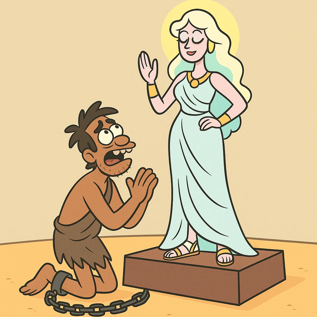 a slave worshipping a goddess, cartoon style, playful, colorful, simple shapes emoji