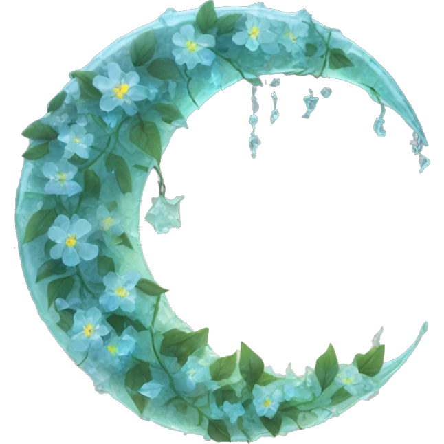 A translucent crescent moon made of cracked glass, with vines of bioluminescent flowers wrapping around it.

 emoji