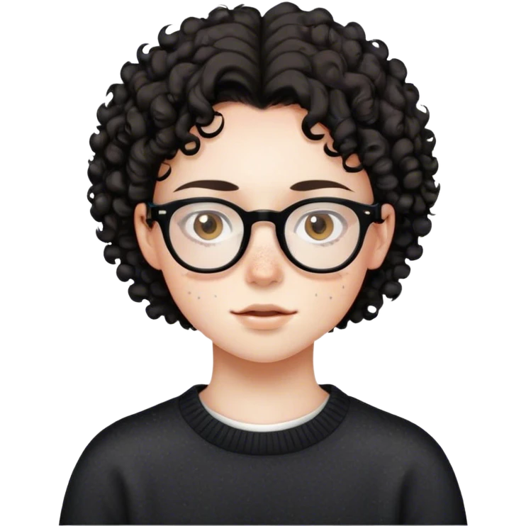 a teenager with white skin, fleckles, glasses, brown eyes, black short curly hair and a black sweater emoji