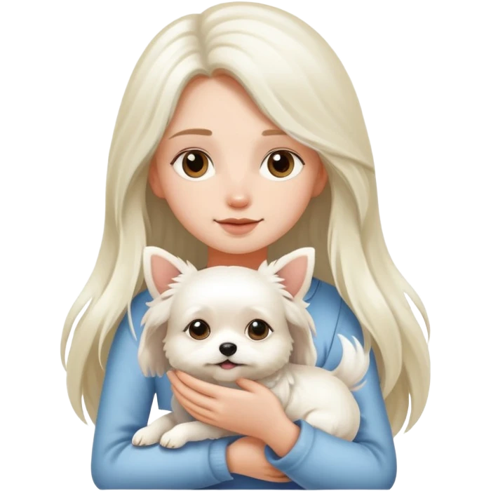 A long-haired girl holding a little white dog emoji