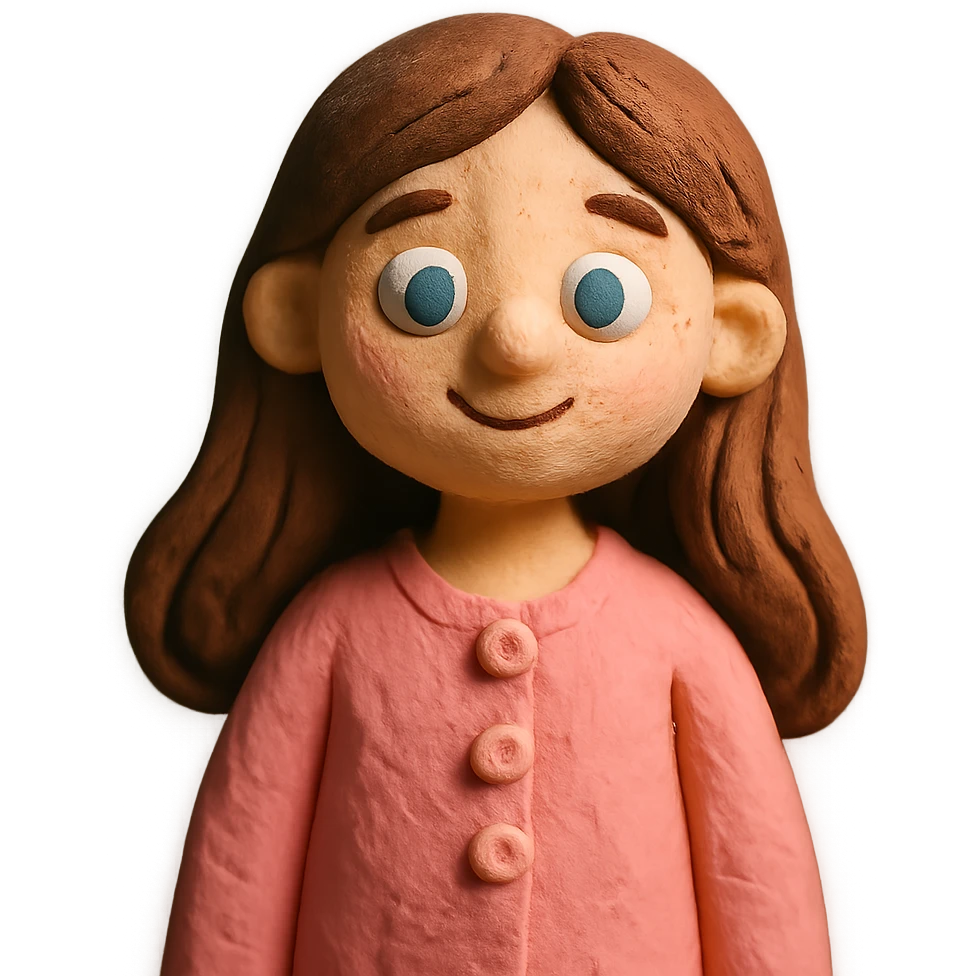 cute girl with long brown hair and blue eyes, wearing a pink cardigan with buttons emoji