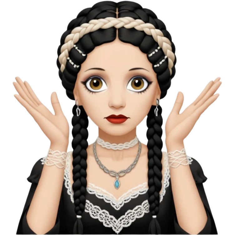 Lene Lovich as seen on the Stateless album cover with a typical symmetrical pose with her hands, lots of lace and braided hair emoji