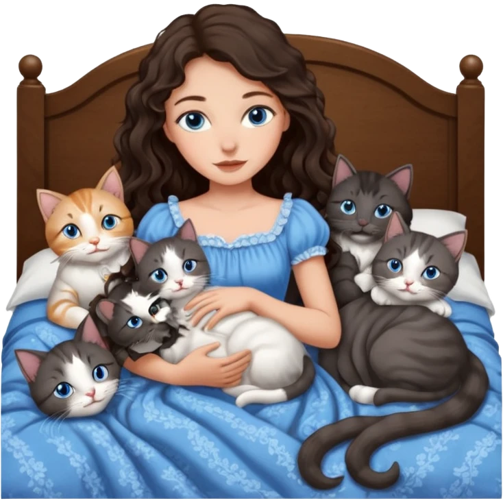 detailed realistic looking a dark grey and white cat regally laying with six other cats, cuddling with their owner in bed who is a pretty bratz lightly tanned white girl with long dark brown hair, blue eyes and gorgeous long wavy hair wearing a pretty detailed dress emoji