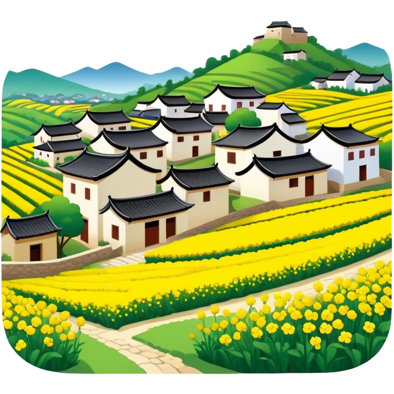Wuyuan countryside spring flowers and traditional houses Jiangxi, simplified emoji style with bold outlines and bright colors, cartoon style rural village with yellow rapeseed flowers emoji