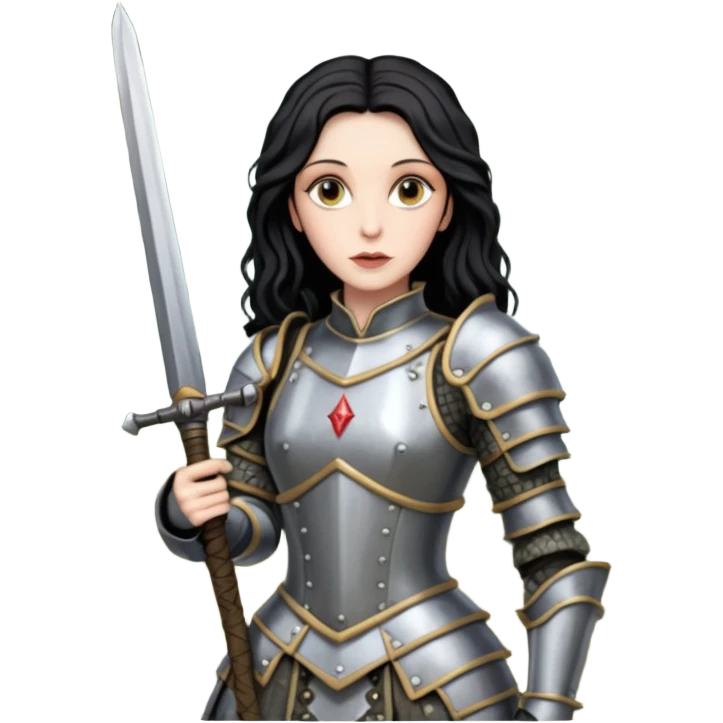 realistic cinematic actress Cher in Victorian styling like Joan of Arc dirty damaged armor in a forest emoji
