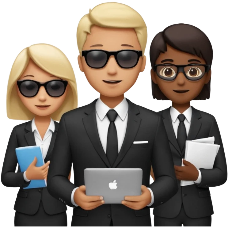 Команда в деловых костюмах из трёх человек. на переднем палне Мужчина впереди общается по смартфону, дальше женщина слева стоит с ноубуком, мужчина справа держит бумаги. У всех людей разные, но позитивные эмоции. Все троя в солнцезащитных очках emoji