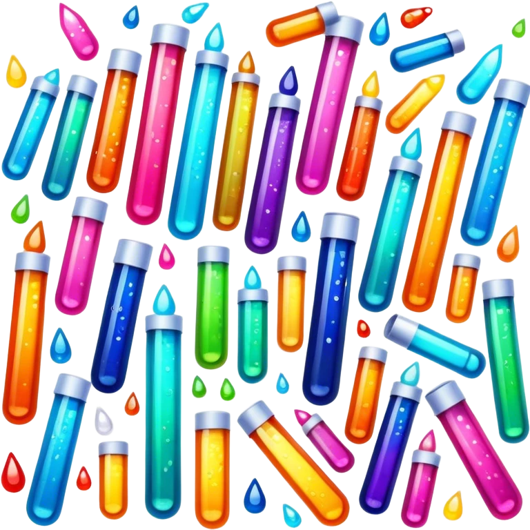Create an icon that represents decorative arts using epoxy resin in tubes. The design should feature colorful tubes of resin, including fluorescent resin tubes, with visible drops or strokes of resin being applied to create intricate designs. Include examples of finished resin jewelry or decorative pieces, such as pendants, rings, or abstract art. The composition should feel vibrant and artistic, highlighting the creative and glowing nature of resin crafting. The background should be transparent. emoji