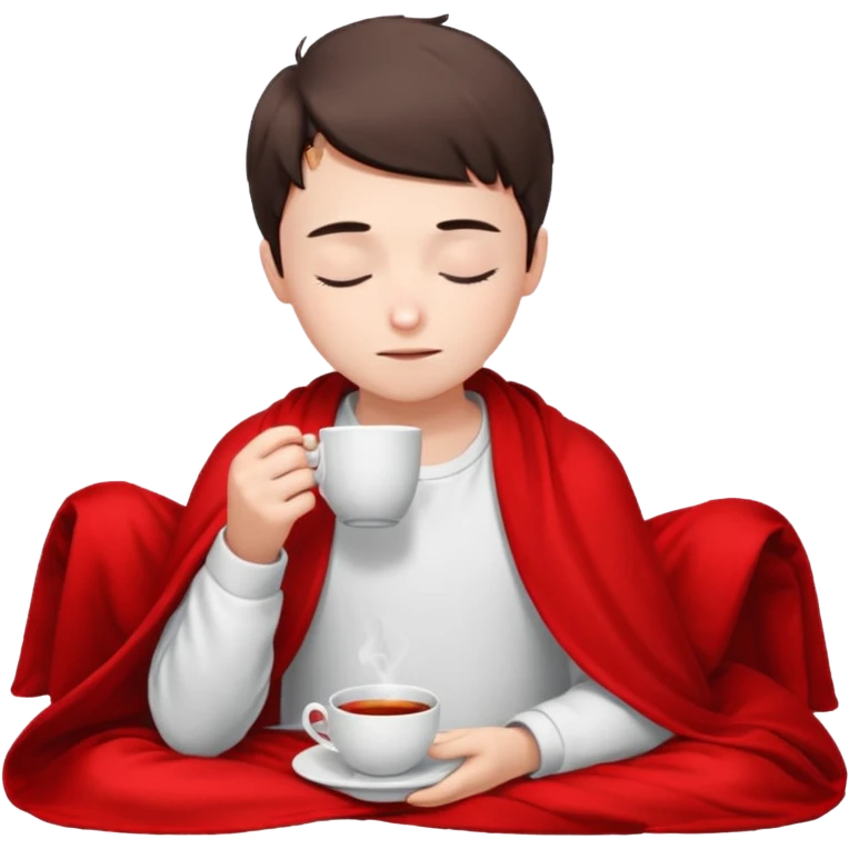 A European boy is sitting comfortably under a blanket, wrapped in a red blanket, drinking tea with his eyes closed. emoji