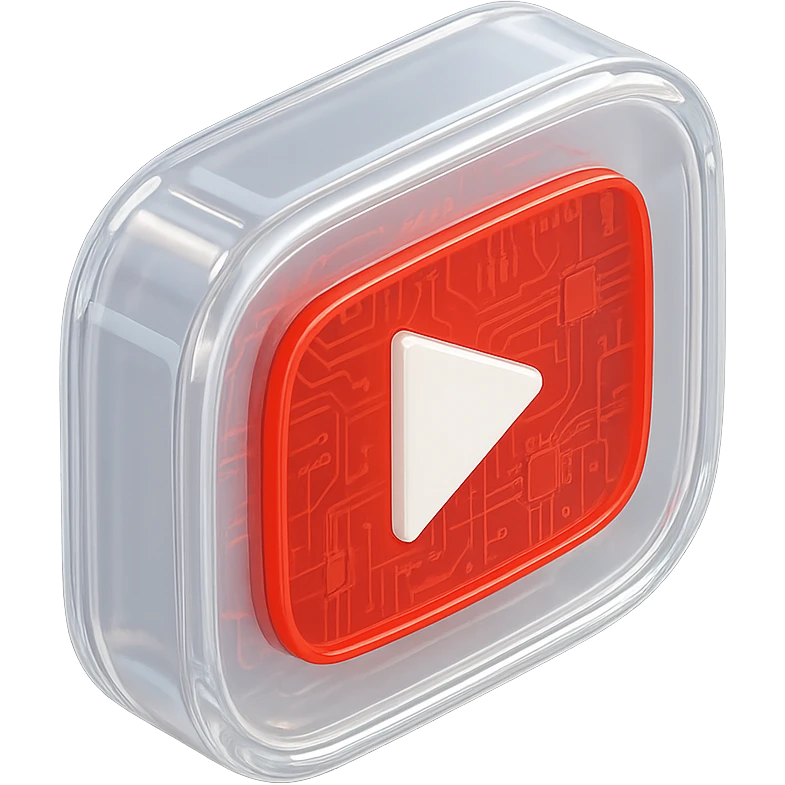 YouTube play button, white, centered, red background, with circuit traces visible, glossy circuit style emoji