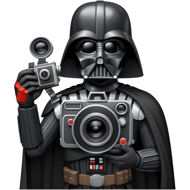A cel-shaded illustration in the style of Borderlands, featuring Darth Vader holding a retro film camera instead of a lightsaber. Use bright, high contrast and bold outlines. No background, transparent. emoji