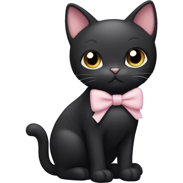 A black cat with a white chest with a  light pink bow on its right ear emoji