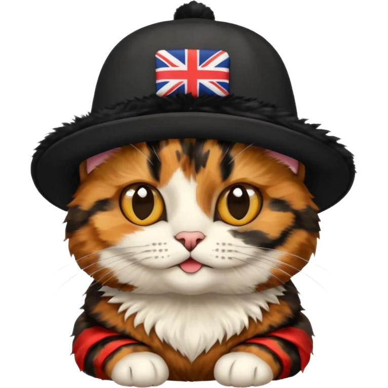 tortoiseshell cat with a british hat. mostly black and brown. NO WHITE emoji