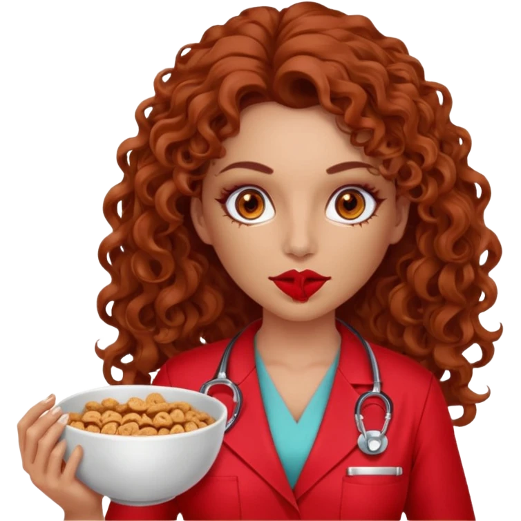 Sensual Spanish Lilith core evil surgeon.red outfit.  Surgeon has hazel eyes. Her hair is BROWN. Hair is also  long and  curly. wearing a sexy surgeon outfit with platform heels.she is a calculated smart cereal killer. She covers only her mouth and nose to hide identity  emoji