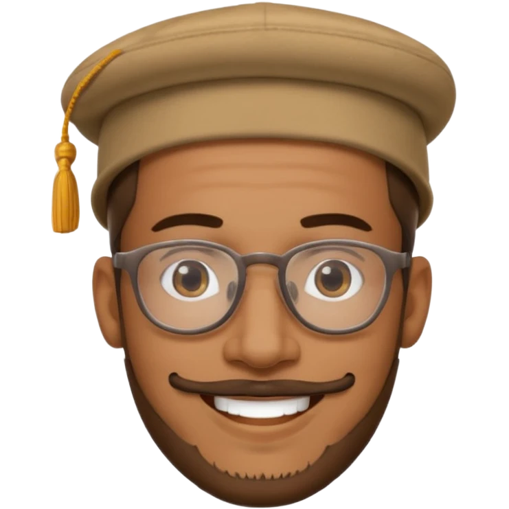 Brown man smiling with hat, clear glasses and goatee emoji