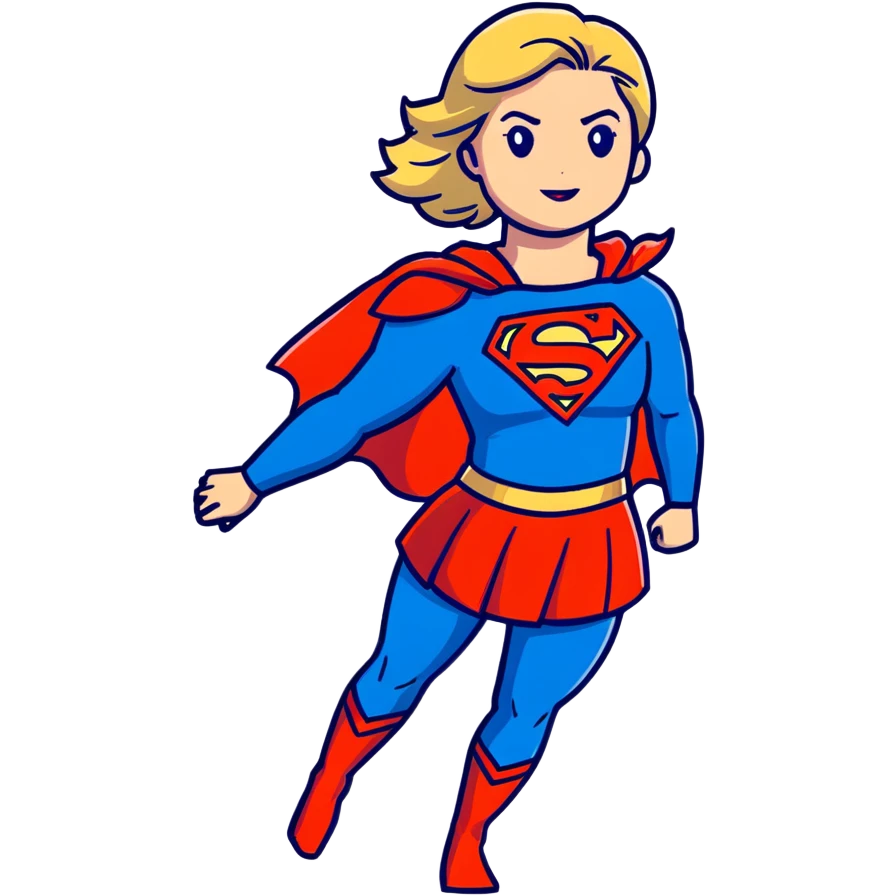 Supergirl in classic costume, full body view showing blue tights, red skirt, and cape with S symbol emoji