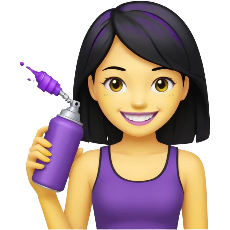 fair-skinned girl, black crop top, beautiful black hair, big yellow-toothed smile, holding purple and silver spray can, genmoji emoji style, reference attached can emoji