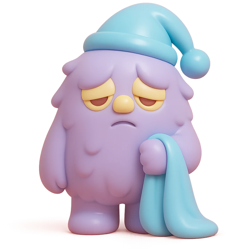 fluffy monster wearing a nightcap, holding a blanket, eyes drooping, soft lighting, vinyl figure style emoji