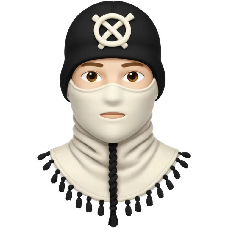 Deconstructed off-white balaclava with frayed layers, rope tassels, subtle embroidery. Studio photo, white bg, soft light. Streetwear luxury style.
 emoji