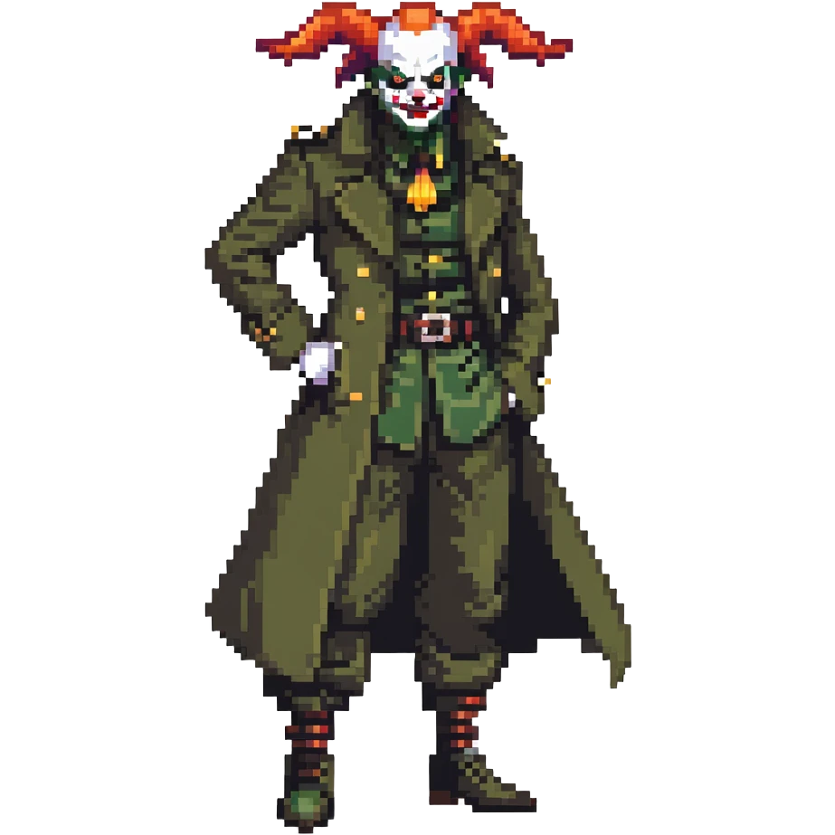 evil clown soldier, bald, small black horns on forehead, fangs, pointed ears, eye patch over one eye, long coat over black and military green clothes with bellbottom pants, realistically proportioned, less bulky, full body, fighting stance emoji
