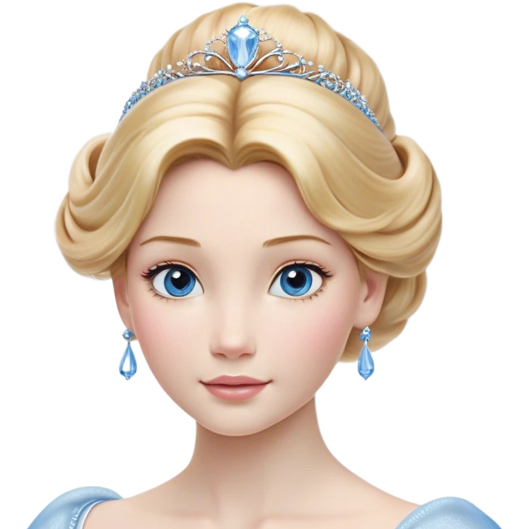 Cinematic Realistic Cinderella Portrait, depicted with lifelike skin texture, subtle rosy undertones, and soft natural lighting that enhances the gentle contours of her face. Her intricately detailed golden blonde hair is elegantly styled in an updo, with delicate wisps framing her face for added realism. Her deep, expressive blue eyes radiate warmth and sincerity, reflecting a quiet resilience and grace. She is dressed in her iconic ball gown, the fabric shimmering with intricate embroidery and fine translucent layers that catch the light beautifully. The soft sheen of satin gloves and the delicate sparkle of a glass-like slipper peeking from beneath her dress add a touch of magical realism. The portrait features an enchanting glow with a natural, luminous finish, seamlessly blending realism and fairytale charm to evoke a sense of depth, elegance, and timeless beauty. emoji