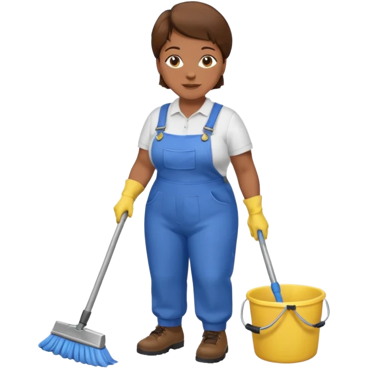 old and fat women, brown hair, Custodian with yellow rubber gloves, white T-shirt, blue overalls, mopping floor emoji