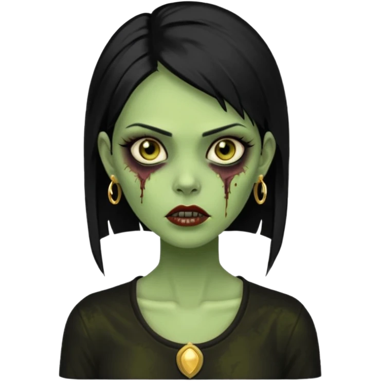 Faça uma zombie mulher bonita verde com olhos castanhos cabelos pretos liso com estilo y2k e ouro emoji