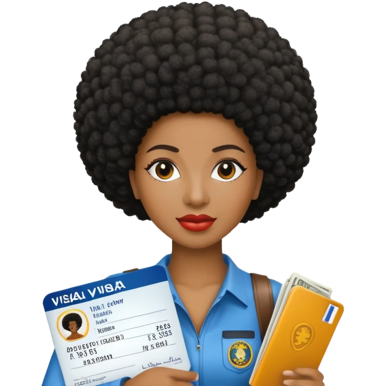 Nigeria, travel visa, with black woman, afro hair, photo on it. emoji