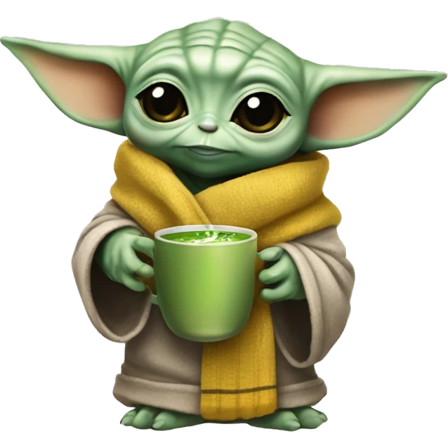 Grogu baby yoda holding a steaming cup of matcha wearing a hufflepuff scarf emoji