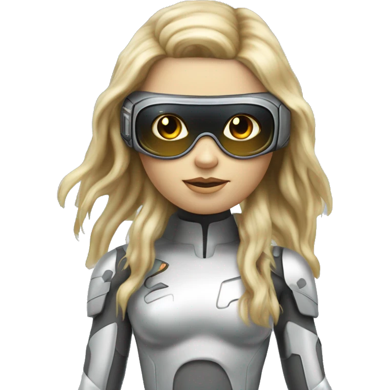 Brown long hair with blonde steaks female cyborg head, fair skin, space age goggles and circuits emoji
