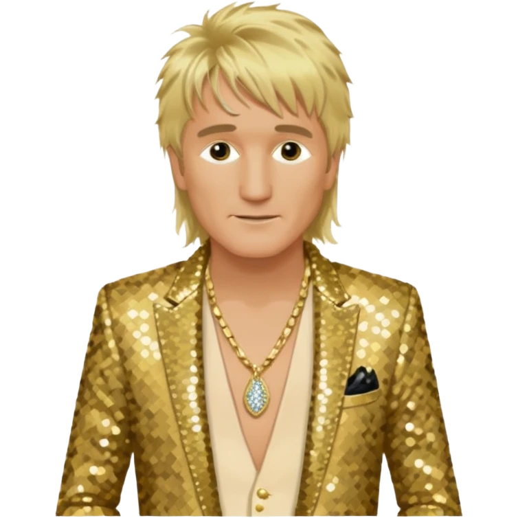 Rod Stewart with long blonde hair, gold sequin suit jacket, shirtless with necklace emoji