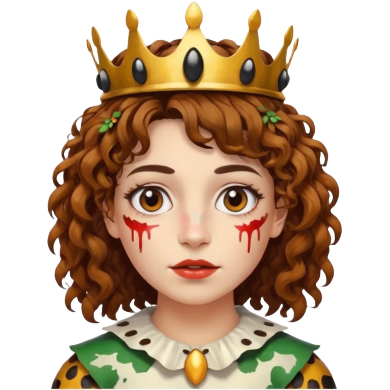 portrait woman short curly brown mullet hair brown eyes white skin with paint smeared cheeks and beetle crown emoji