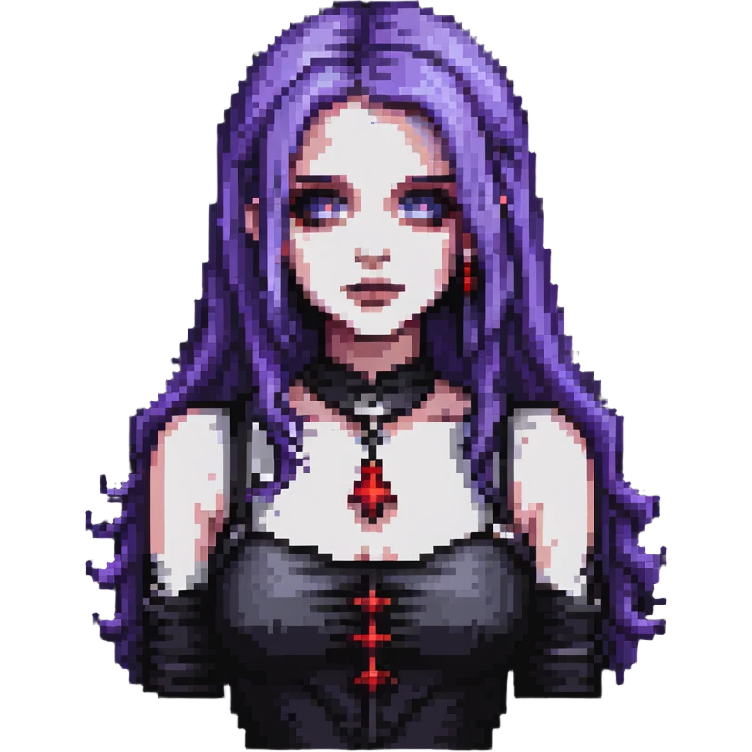 pixel art of a gothic woman with purple hair, witchy touch emoji