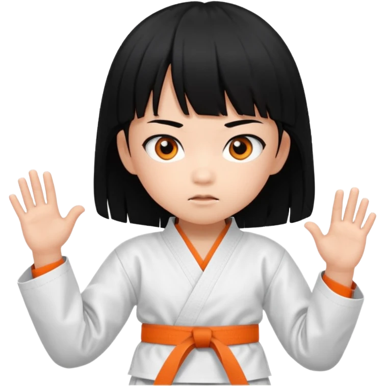 Asian child emoji with pinkish skin, black bangs, long black hair, orange eyes, wearing a white karate uniform emoji