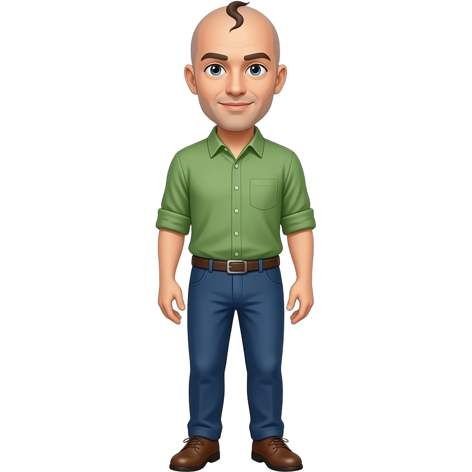 a man with only one hair, wearing a green shirt, blue pants, brown shoes, and white human skin. emoji