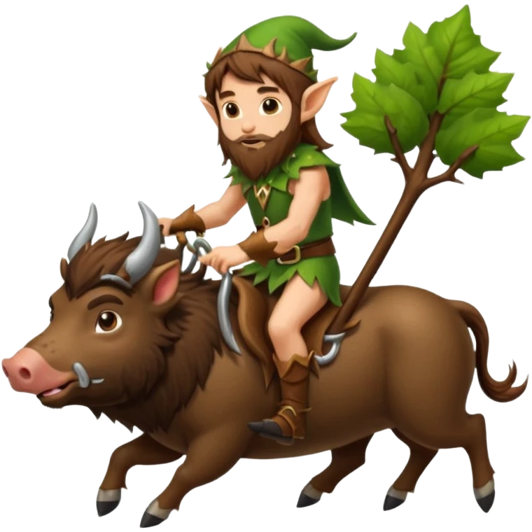 tiny forest elf man long brown hair beard riding boar emoji