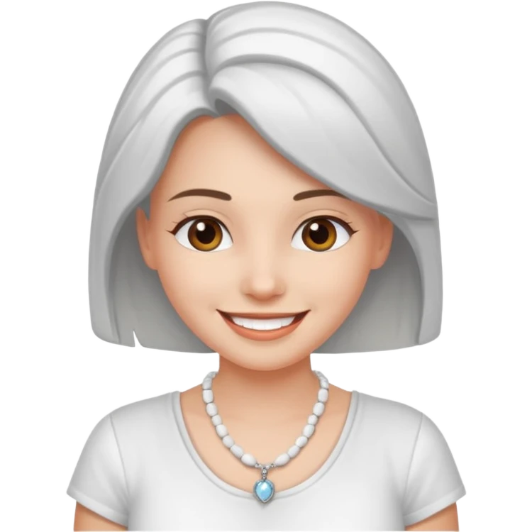 Счастливая Девушка с украшение на шее в виде бус белого и серебряного цвета в белой рубашке emoji